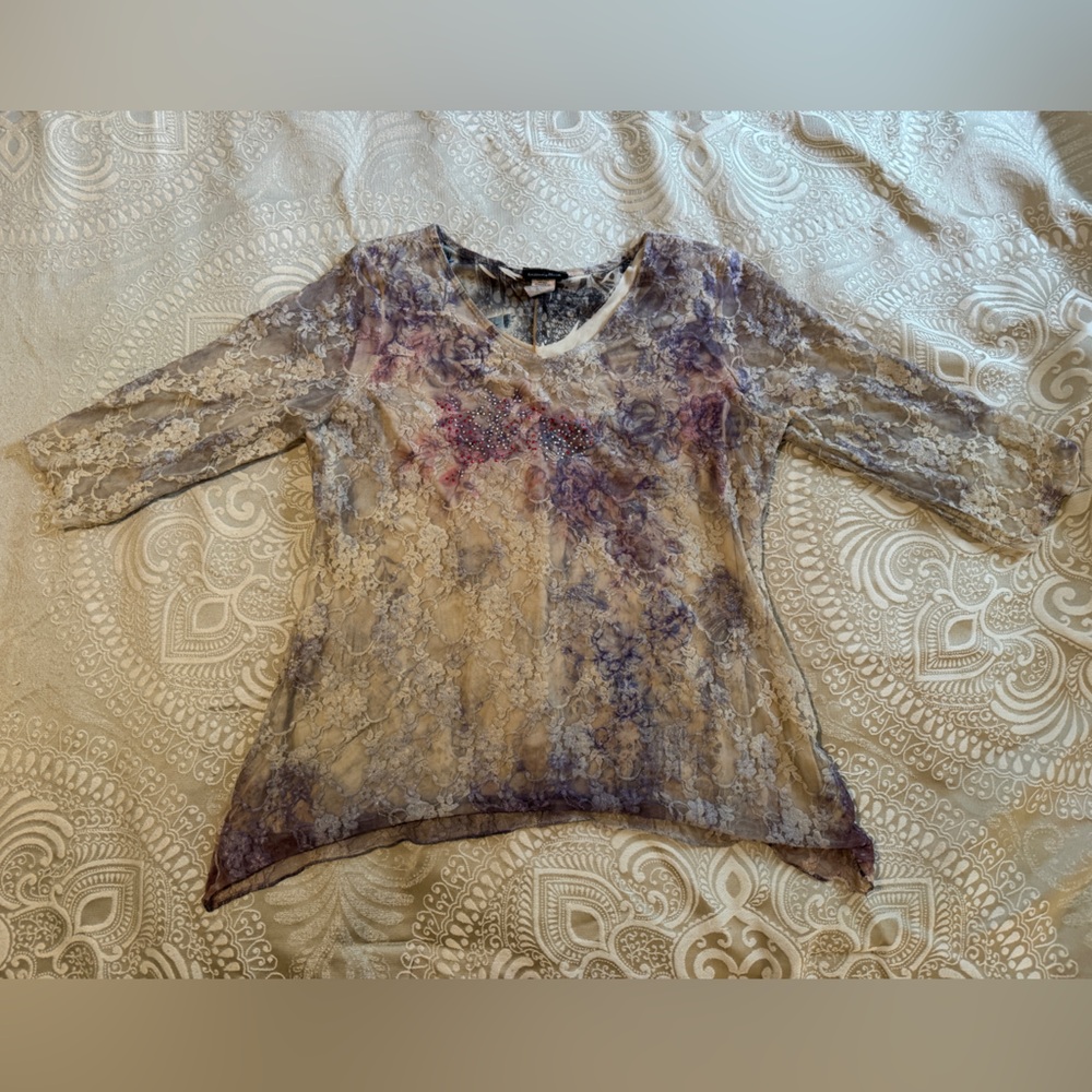 Brittany Black Y2K Beige Purple Lace Quarter Sleeve Bejeweled Top